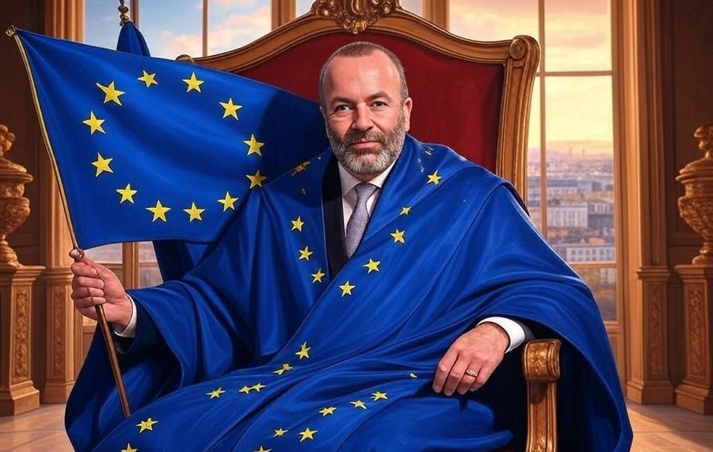 Ilustración de IA con el presidente del PPE, Manfred Weber, rodeado de banderas de la UE.