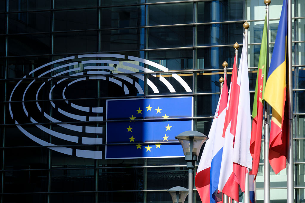 Las banderas de los 27 países de la UE ondean frente al Parlamento Europeo el 5 de abril de 2025 en Bruselas.