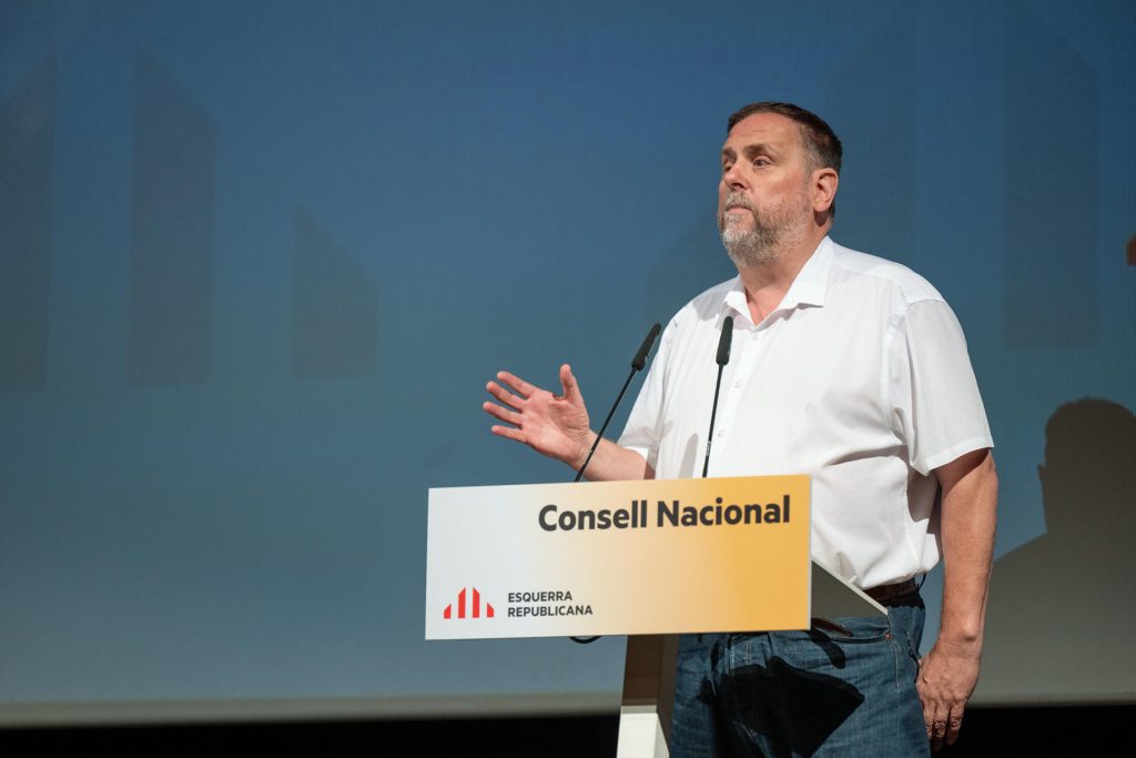 Oriol Junqueras interviene en el consejo nacional de su partido en Bellpuig d’Urgell (Lleida) el 8 de junio de 2025.