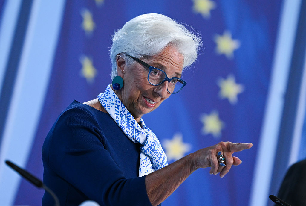 La presidenta del BCE, Christine Lagarde, ofrece una rueda de prensa en la sede de la entidad, en Fráncfort, el 24 de julio de 2025.
