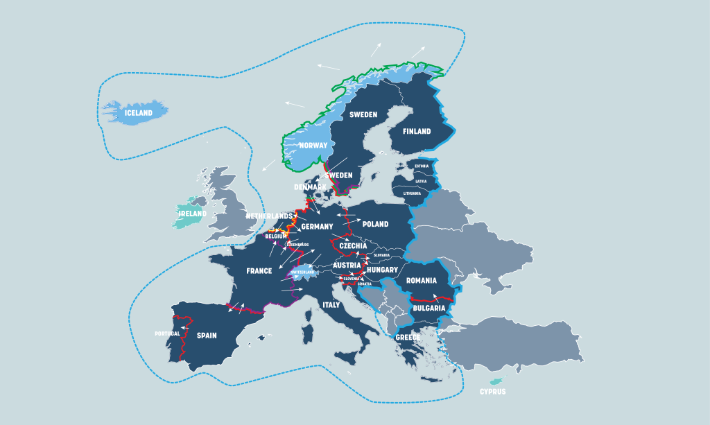 Espacio Schengen. Ilustración de Miriam Sáenz de Tejada/Euractiv
