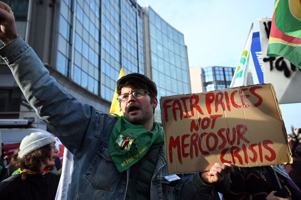 Protesta de agricultores europeos contra el acuerdo UE-Mercosur en la rotonda  Schuman de Bruselas, el 13 de noviembre de 2024.