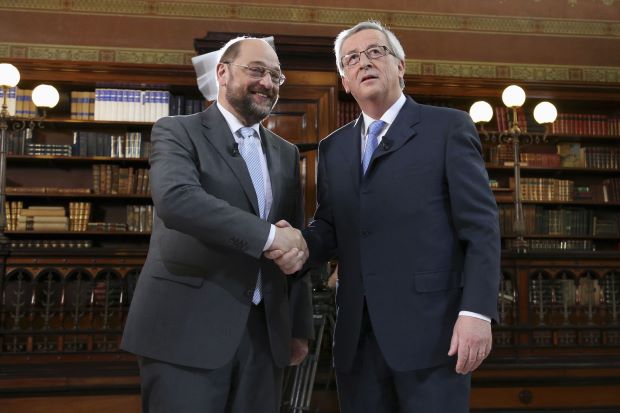 Martin Schulz and Jean-Claude Juncker at first TV debate, bibliotheque Solvay