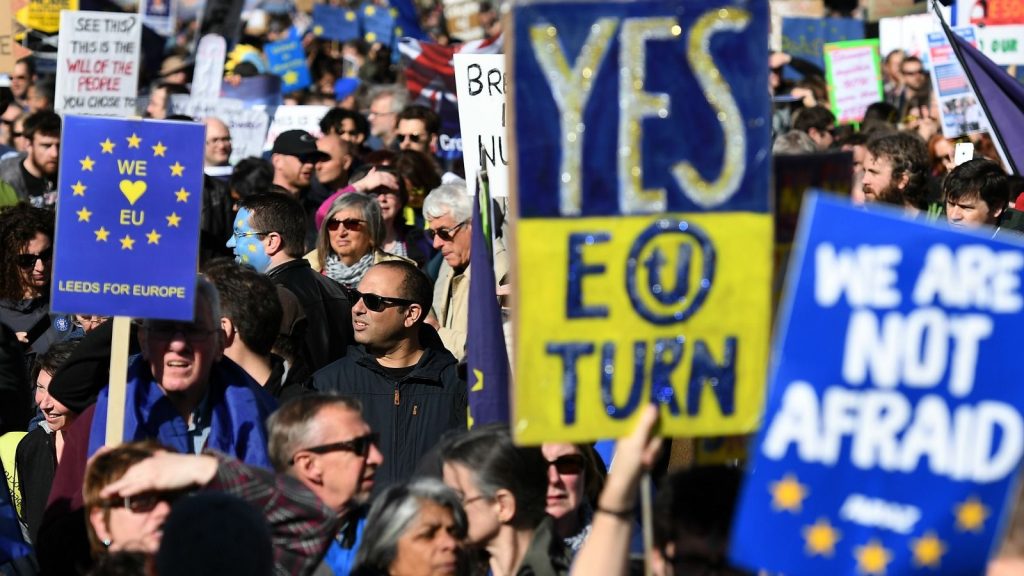 epa05869996 Pro EU protesters demonstrate during a rally outside parliament in London, Britain, 25 March 2017. Demonstrators called for the UK to stay in the EU. Prime Minister Theresa May is set to trigger Article 50 on 29 March.  EPA/ANDY RAIN