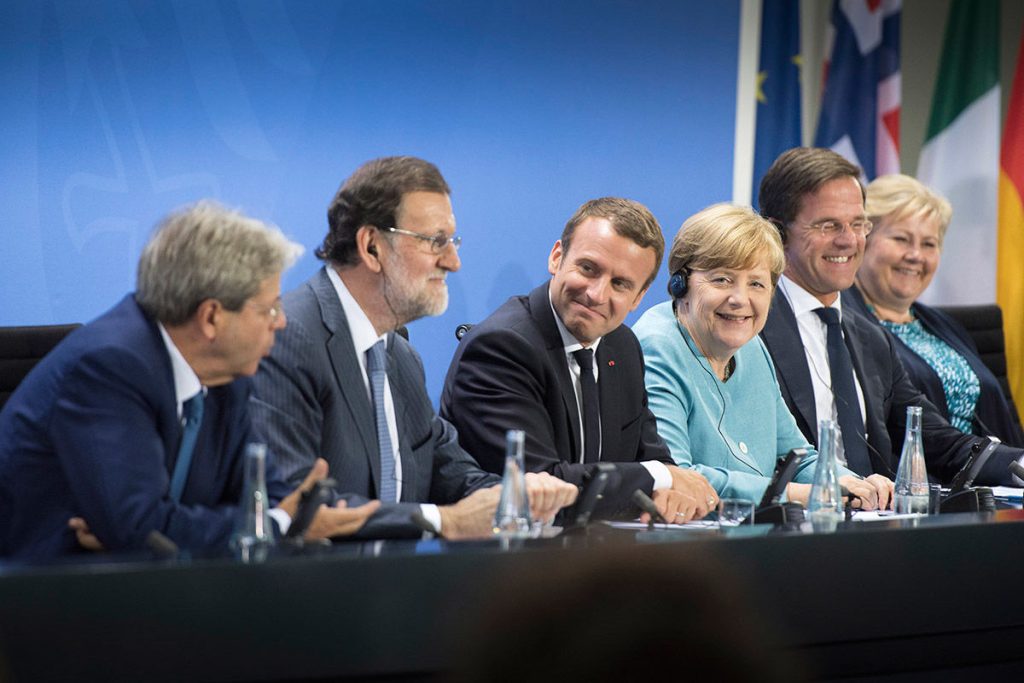 Macron et ses partenaires européens lors d&rsquo;une réunion préparatoire du G20. Photo Chancellerie allemande