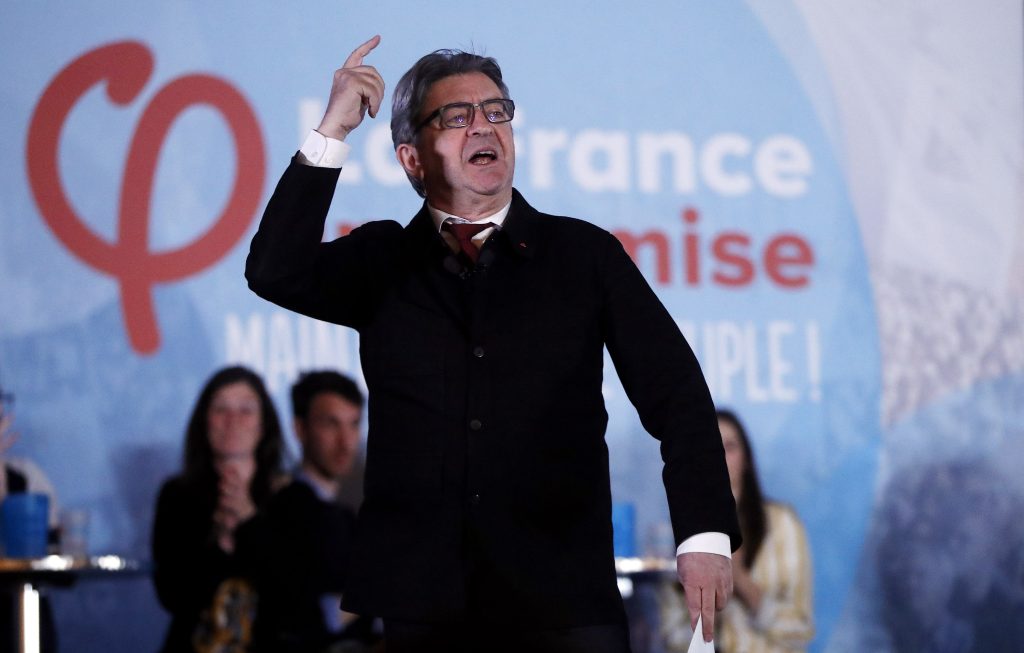 Jean Luc Melenchon delivers a speech during a political rally for the European Elections