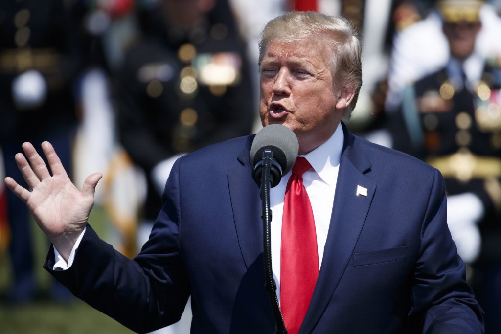 US President Donald J. Trump participates in a full honors welcome ceremony for the Secretary of Defense Mark Esper