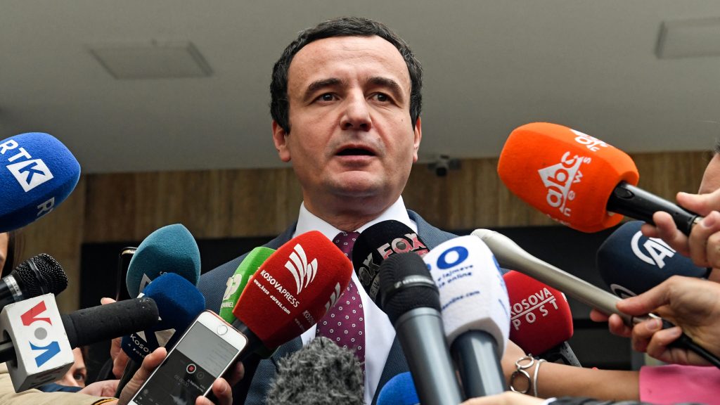 epa07900592 Albin Kurti, parliamentary elections Prime Ministerial candidate and founder of the opposition party Selfdetermination (Vetevendosje) addresses to the journalists after voting during the early parliamentary elections in Pristina, Kosovo, 06 October 2019.  About 1.9 million voters are eligible to vote for the 120 seats in Kosovo?s parliament, 20 of which are reserved for ethnic Serbs and other minorities. Elections have been called in August 2019 after Prime Minister Ramush Haradinaj resigned as Kosovo&rsquo;s prime minister after a war crimes court in The Hague summoned him for questioning as a suspect.  EPA-EFE/GEORGI LICOVSKI