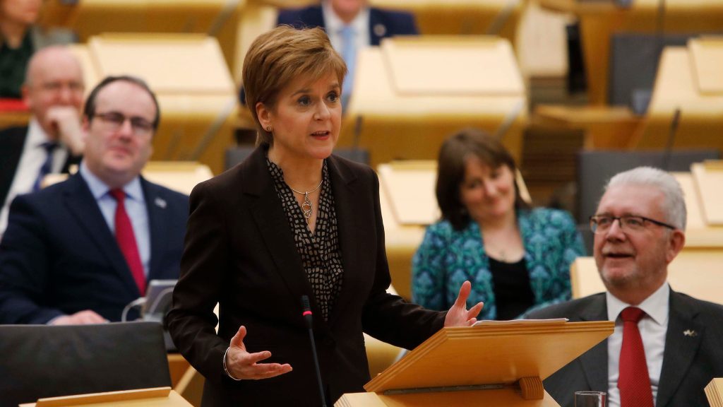 epa08176141 A handout photo made available by the Scottish Parliament shows First Minister Nicola Sturgeon speaking during the Scottish Government Debate in at the parliament in Edinburgh, Scotland, Britain, 29 January 2020. The Scottish parliament debated another Scottish Independence Referendum.  EPA-EFE/Finn Hall / Scottish Parliament HANDOUT  HANDOUT EDITORIAL USE ONLY/NO SALES