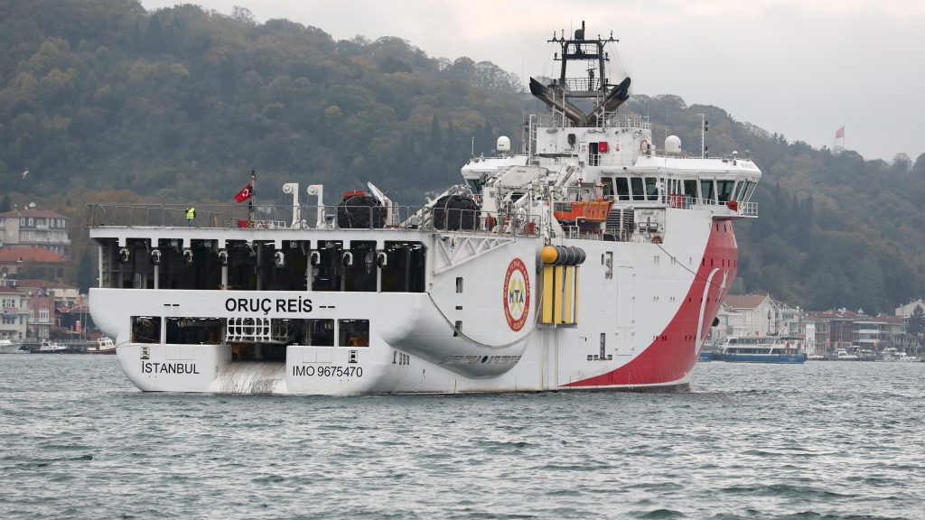 epa08595716 (FILE) – National seismic exploration vessel Oruc Reis sails on the Bosphorus in Istanbul, Turkey, 21 November 2018 (re-issued 10 August 2020). Greek Prime Minister Mitsotakis on 10 August 2020 called a meeting with Greek military chiefs following a Turkish announcement that the Oruc Reis has set sails to a disputed area near Greek island of Kastellorizo.  EPA-EFE/TOLGA BOZOGLU