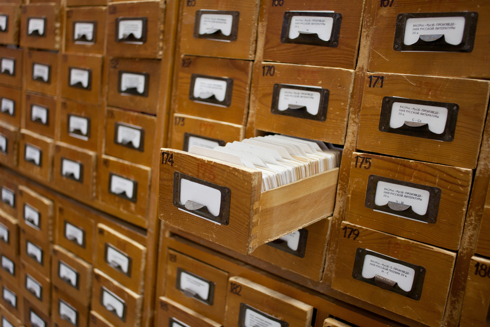 Old,Wooden,Card,Catalog,With,One,Opened,Drawer