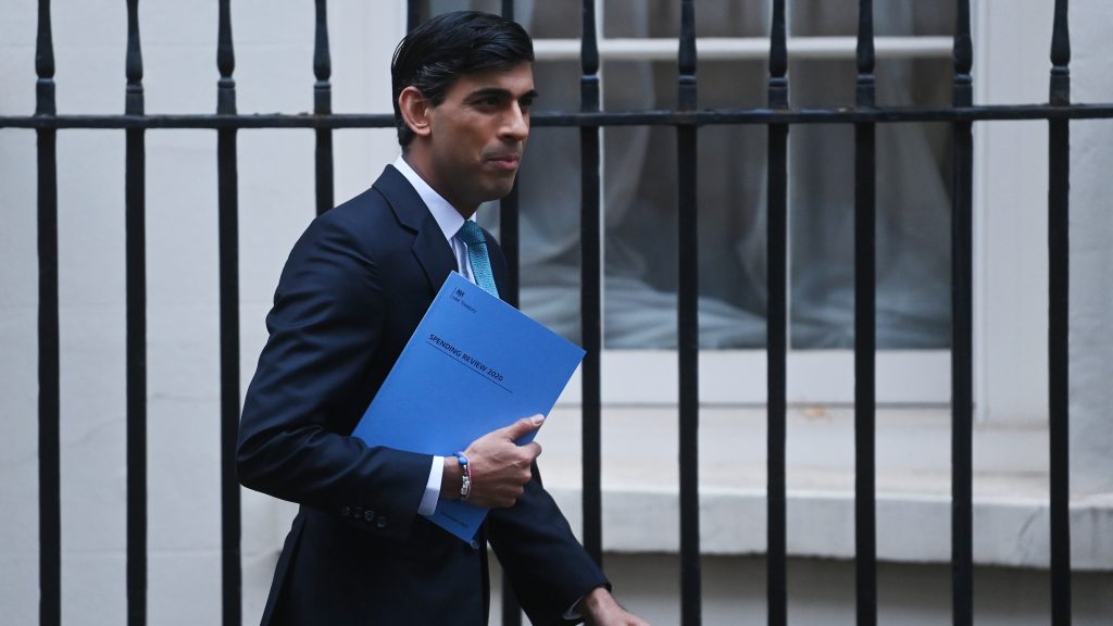 epa08840820 Britain&rsquo;s Chancellor of the Exchequer Rishi Sunak leaves 11 Downing Street ahead of announcing his annual; spending review in Parliament London, Britain 25 November 2020. Sunak will unveil the government&rsquo;s spending plans for the coming year. The Spending Review includes details on public sector pay, NHS funding and money for the devolved administrations in Northern Ireland, Scotland and Wales.  EPA-EFE/NEIL HALL