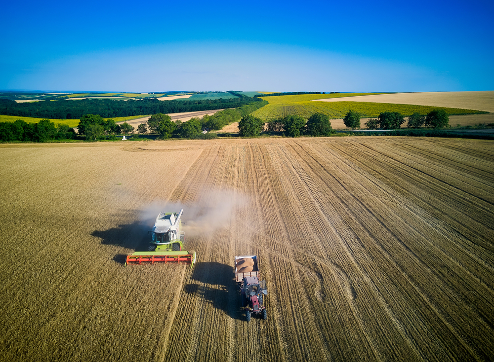 Aerial,View,On,Combine,Harvester,Gathers,The,Wheat,At,Sunset.