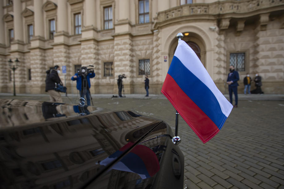 Russian ambassador to the Czech Republic Aleksandr Zmeyevskiy arrives for meeting with Czech Foreign Minister in Prague