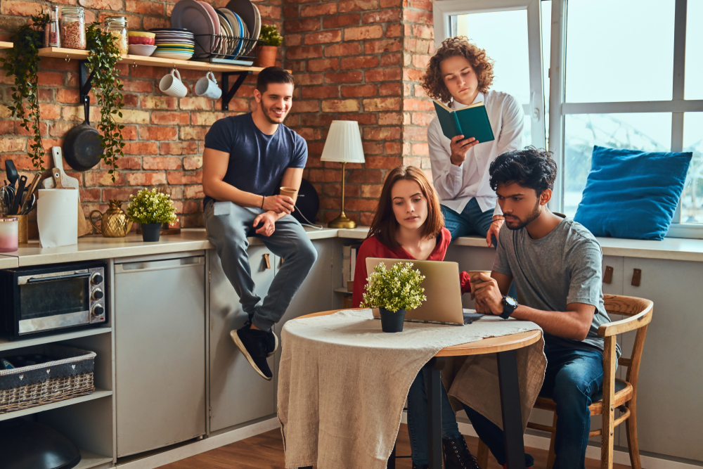 Kitchen,In,Student,Dormitory.,Group,Of,Interracial,Students,Engaged,In