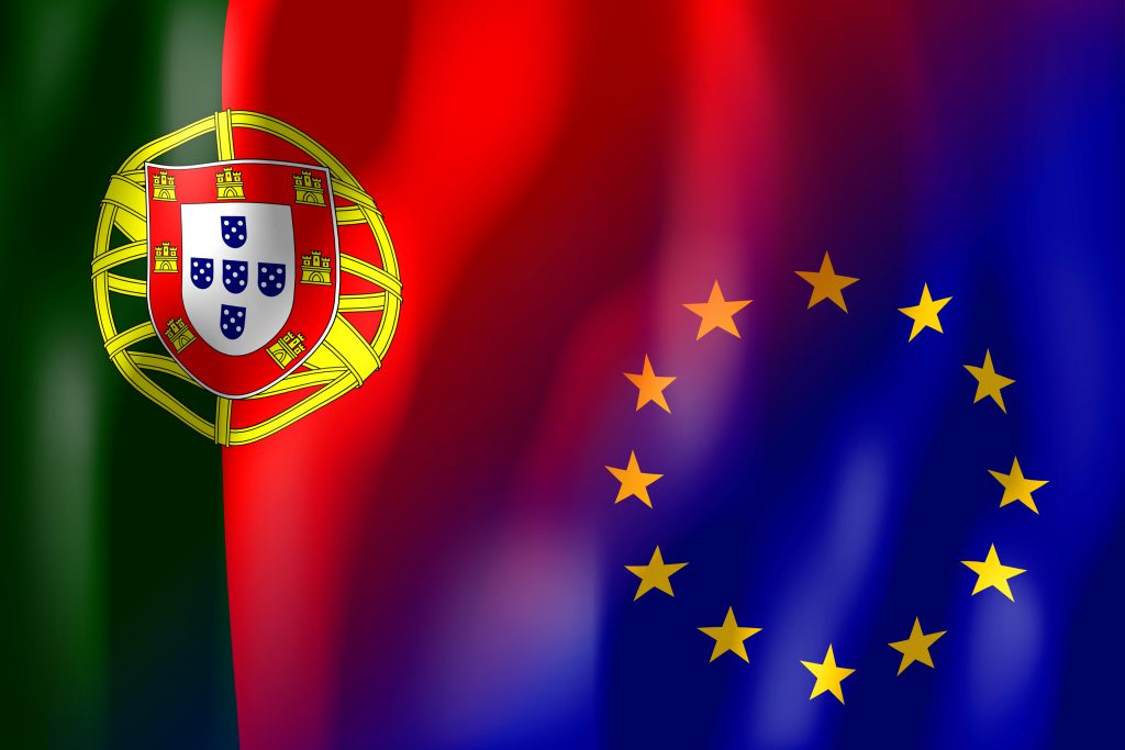 3d,Illustration/,3d,Rendering,-,Portugal,And,European,Union,Flags.