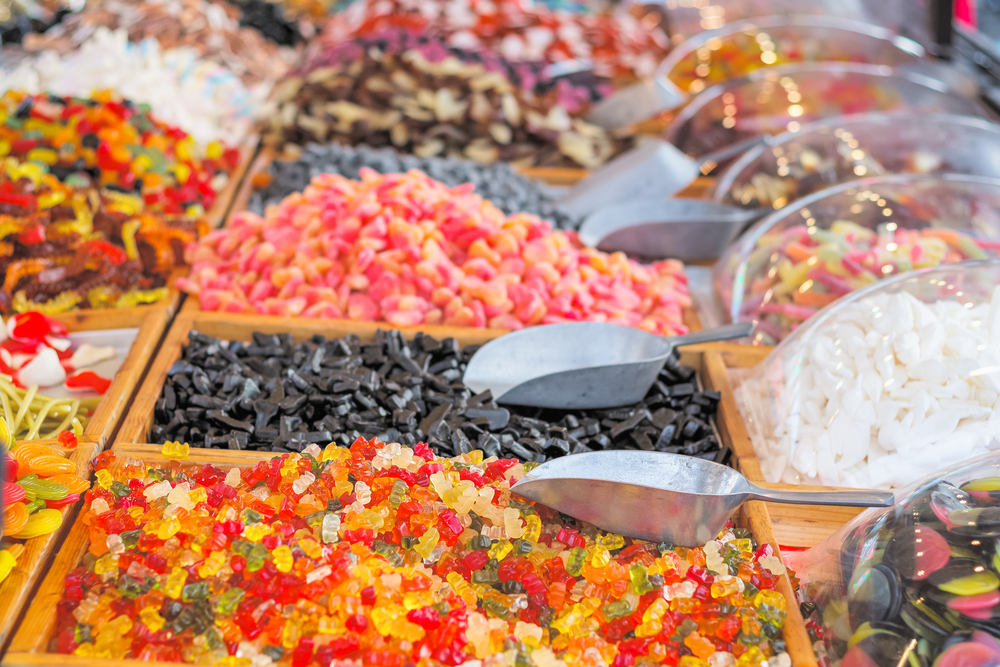 Selective,Focus,,Assorted,Soft,Sugar,Jelly,Sweet,On,Display,At