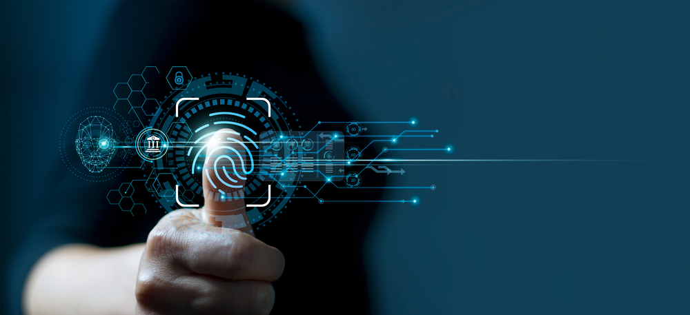 Businessman,Using,Fingerprint,Indentification,To,Access,Personal,Financial,Data.,Idea