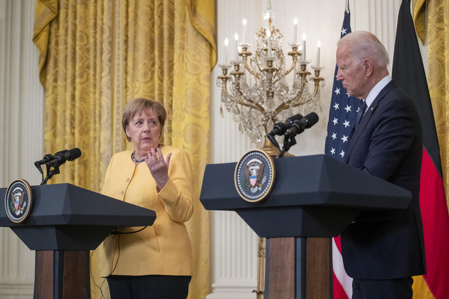 US President Joe Biden and German Chancellor Angela Merkel participate in a joint press conference