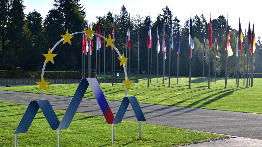 epa09452707 Flags of the participating countiries in the Informal meeting of agriculture ministers in Brdo Pri Kranju, Slovenia, 07 September 2021. The Informal meeting of agriculture ministers on 05 to 07 September is an event held under the Slovenian Presidency of the Council of the European Union.  EPA-EFE/IGOR KUPLJENIK