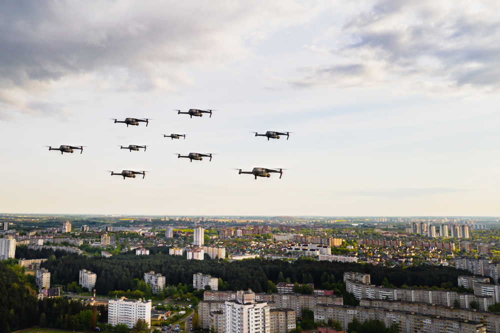 Drones,Fly,Over,The,City&rsquo;s,Houses.,Urban,Landscape,With,Drones