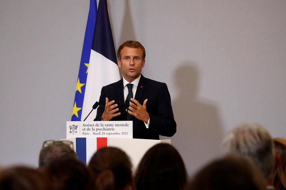French President Macron delivers a speech at the national convention on mental health and psychiatry in Paris