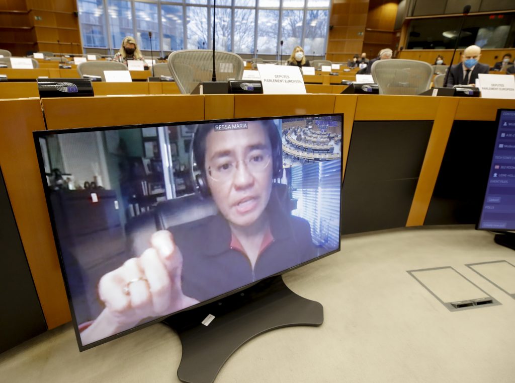 Maria Ressa, 2021 Nobel Peace Prize laureate, attends an online hearing on online disinformation in the European Union