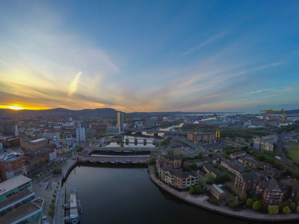 Aerial,View,On,River,And,Bridge,In,Belfast,Northern,Ireland.