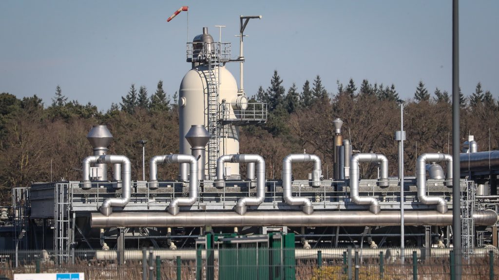 epa09812310 Installations at the premises of the Astora reservoir for natural gas in Rehden, northern Germany, 09 March 2022. With a storage capacity of 3.9 billion cubic meters, the Rehden storage facility is the largest natural gas storage facility in Western Europe. Astora belongs to Gazprom Germania.  EPA-EFE/FOCKE STRANGMANN