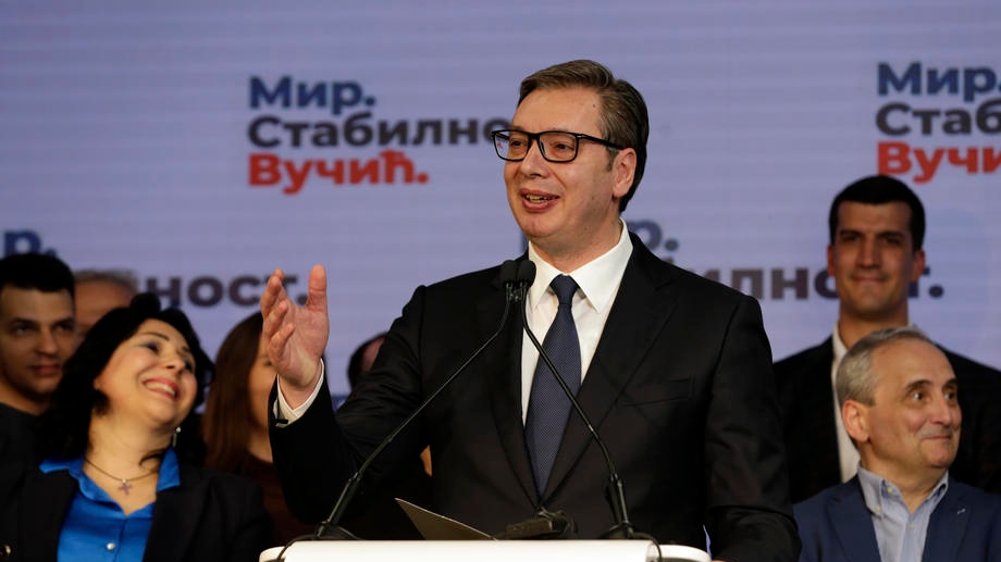epa09868969 Incumbent Serbian President Aleksandar Vucic addresses the media and presents the early results of the general elections in Belgrade, Serbia, 03 April 2022.  EPA-EFE/ANDREJ CUKIC