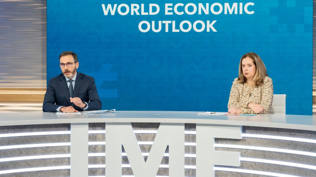 epa09898096 A handout photo made available by the International Monetary Fund (IMF) shows IMF Chief Economist Pierre-Olivier Gourinchas (L) and IMF Deputy Division Chief Petya Koeva Brooks (R) presenting the World Economic Outlook at the International Monetary Fund during the 2022 Spring Meetings of the International Monetary Fund (IMF) and the World Bank Group (WBG) in Washington, DC, USA, 19 April 2022. The International Monetary and Financial Committee (IMFC), Development Committee (DC), and G20 meetings will be held in hybrid format and participants of those restricted meetings may participate in person or virtually.  EPA-EFE/Cory Hancock / IMF Photo HANDOUT  HANDOUT EDITORIAL USE ONLY/NO SALES