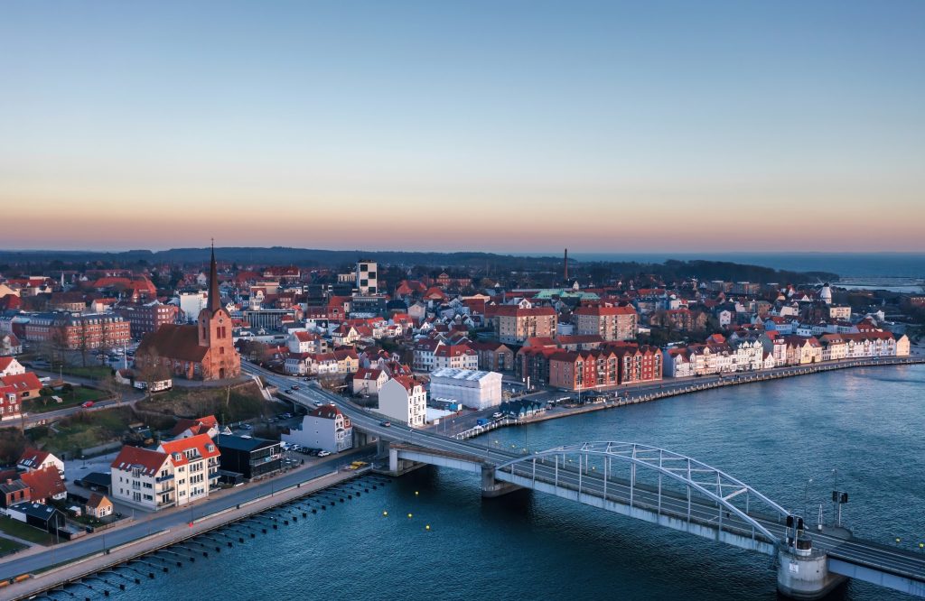 Blue,Hour,Panoramic,Aerial,View,In,Sonderborg,(dan.,Sønderborg),,City