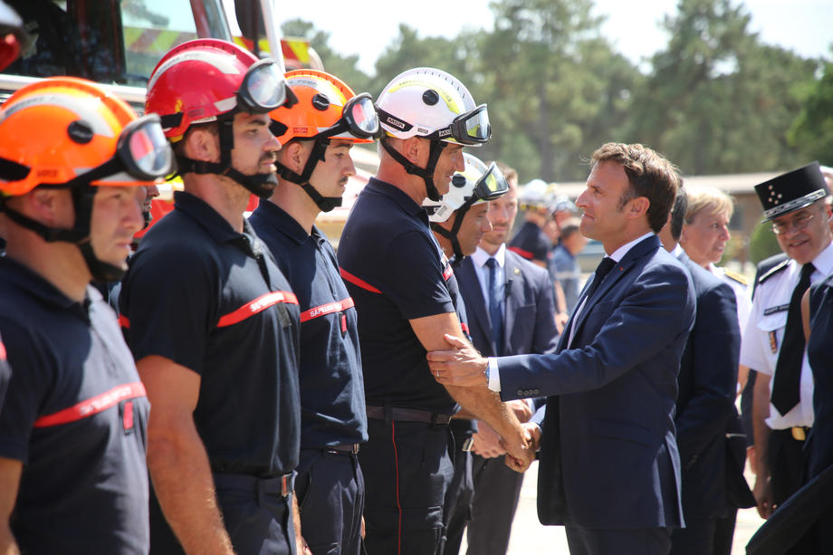 French President Macron visits fire affected areas near Arcachon