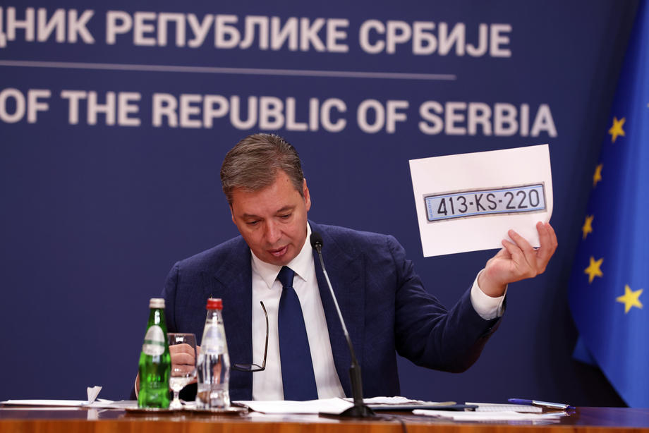 Serbian President Aleksandar Vucic holds a press conference on situation in Kosovo