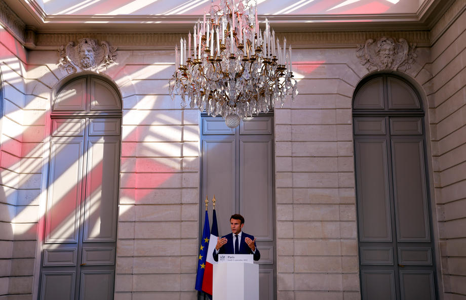 French President Macron addresses the media following talks with German Chancellor Scholz via video link