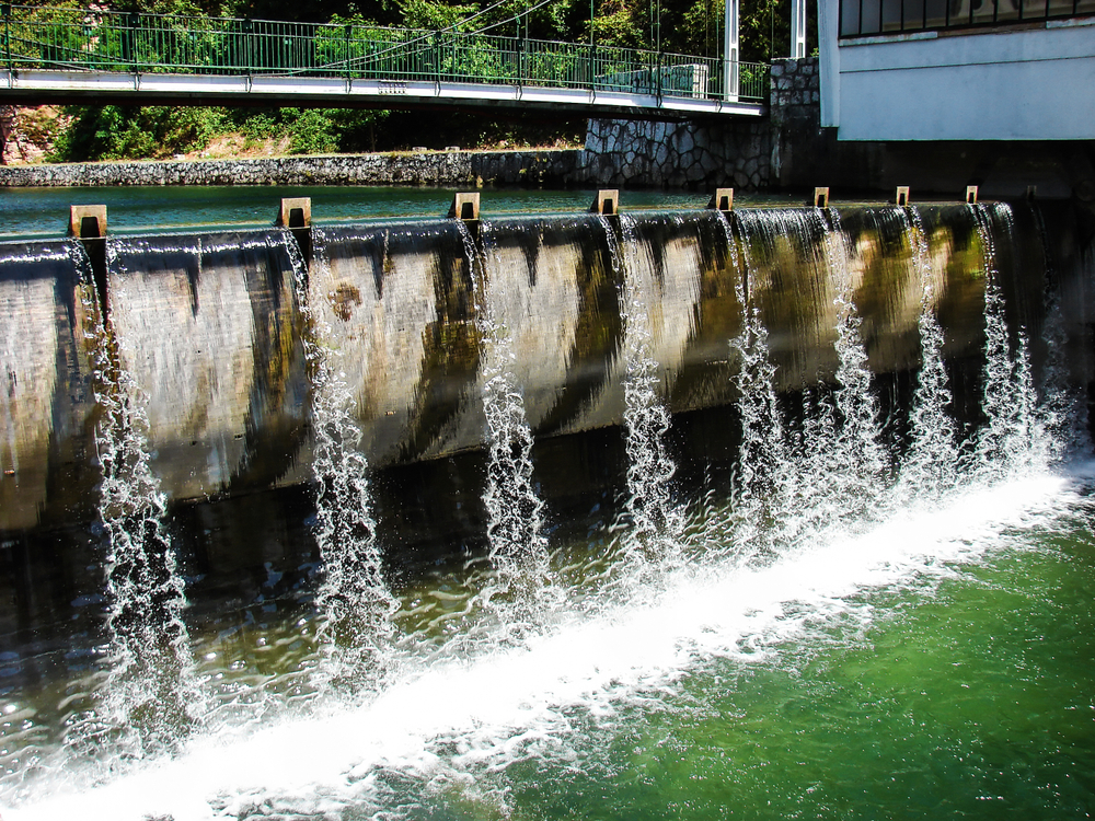City,Concrete,Dam,On,Bosna,River,In,Sarajevo,,Bosnia,And