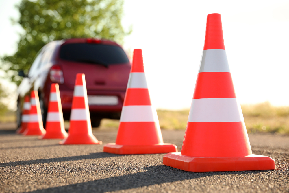 Traffic,Cones,Near,Car,Outdoors.,Driving,School,Exam