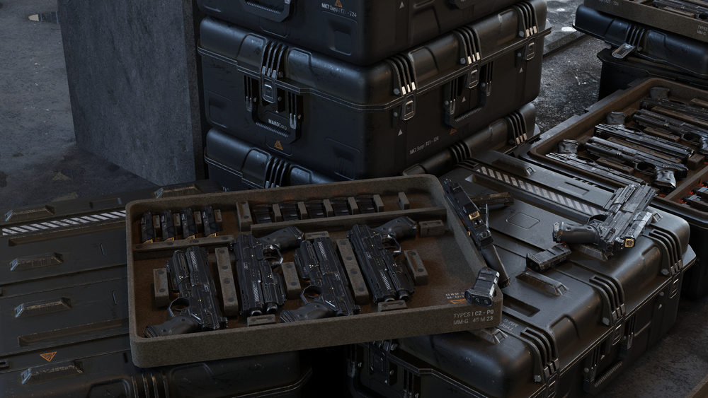 Boxes,With,Modern,Weapons,And,Ammunition,In,A,Military,Warehouse.