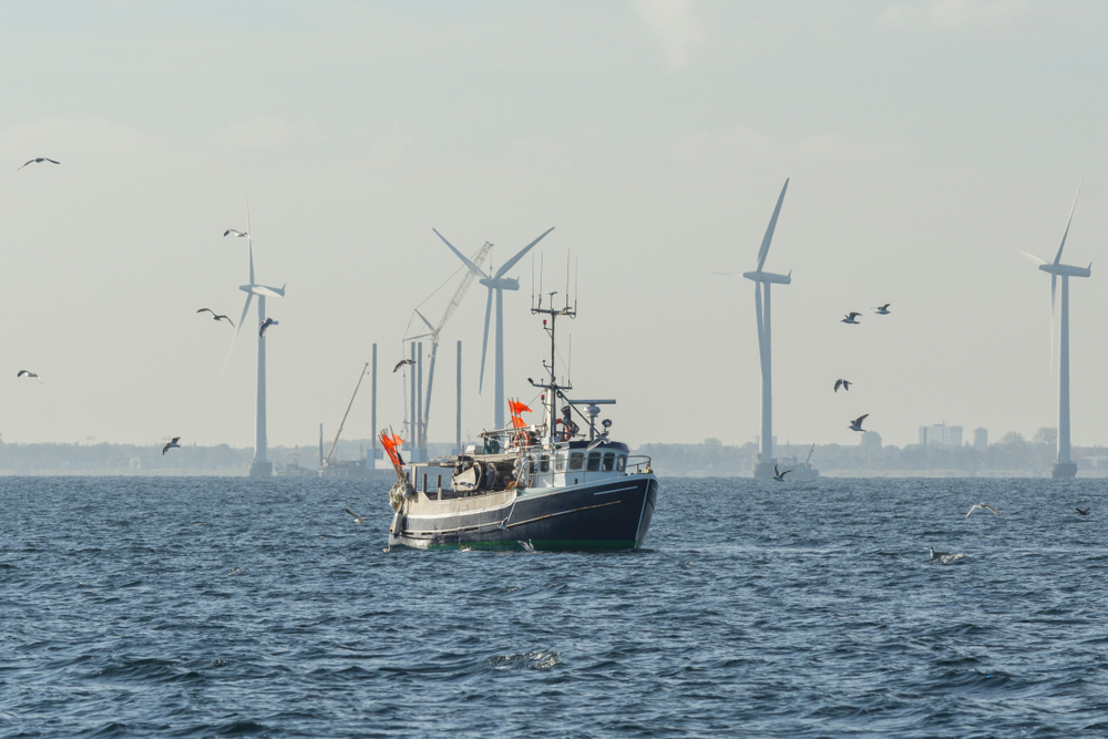 Fishing,Boat,Surrounded,By,Seagulls,With,Wind,Turbines,In,Background