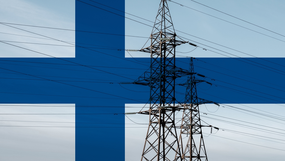 Finnish,Flag,With,Electric,Tower,And,Lines.,Energy,Supply,In