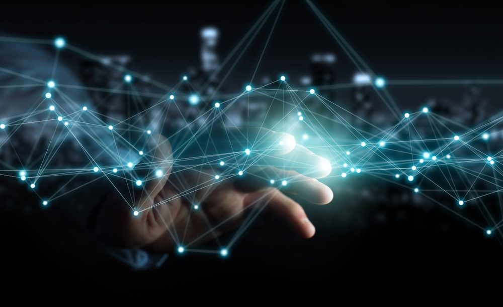 Businessman,On,Blurred,Background,Using,Flying,Network,Connection,3d,Rendering
