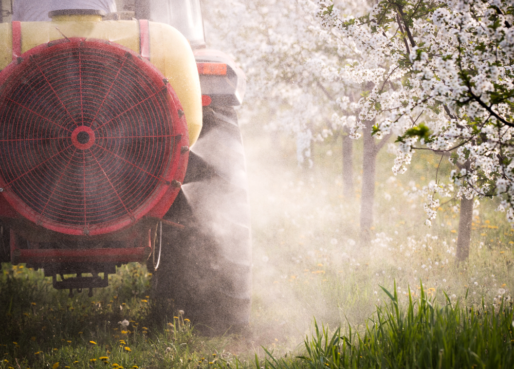Tractor,Sprays,Insecticide,In,Apple,Orchard,Fields