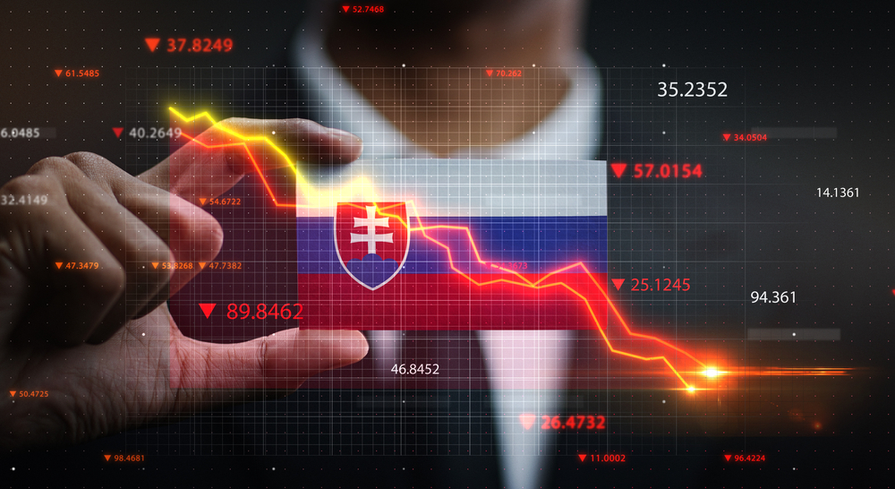 Graph,Falling,Down,In,Front,Of,Slovakia,Flag.,Crisis,Concept