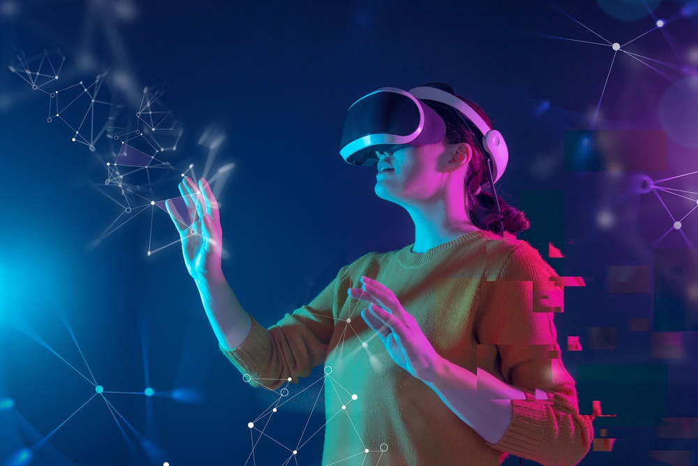 Metaverse,Technology,Concept.,Woman,With,Vr,Virtual,Reality,Goggles.,Futuristic