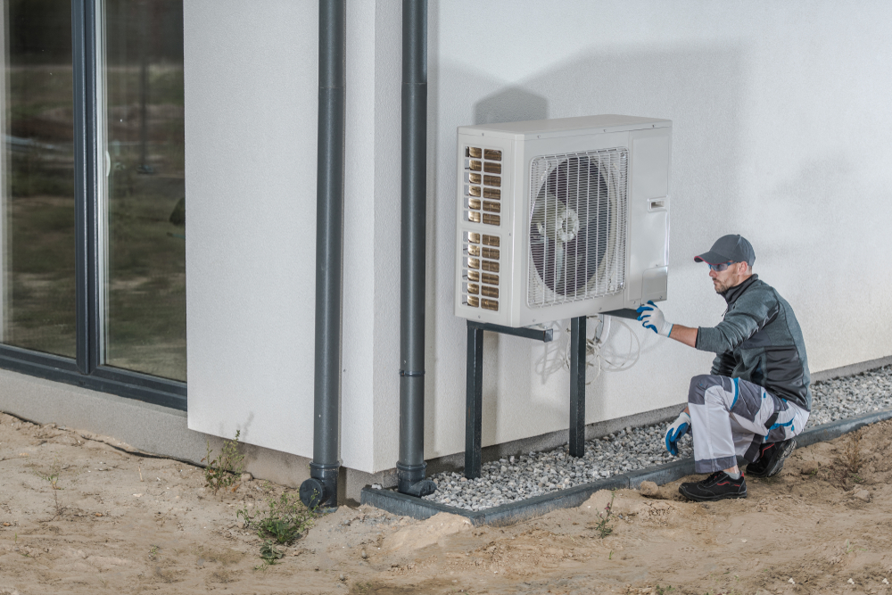 Heat,Pump,Installation,Project.,Caucasian,Heating,And,Cooling,Technician,Installing