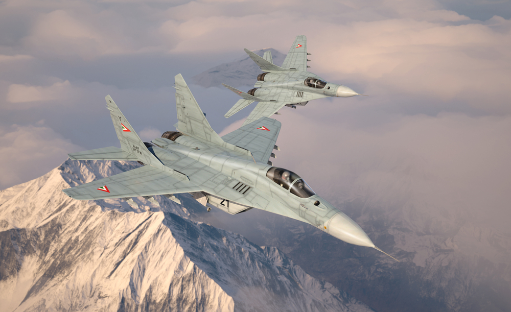 Military,Fighter,Aircraft,Mig,29,,Flying,Above,The,Clouds.,Two