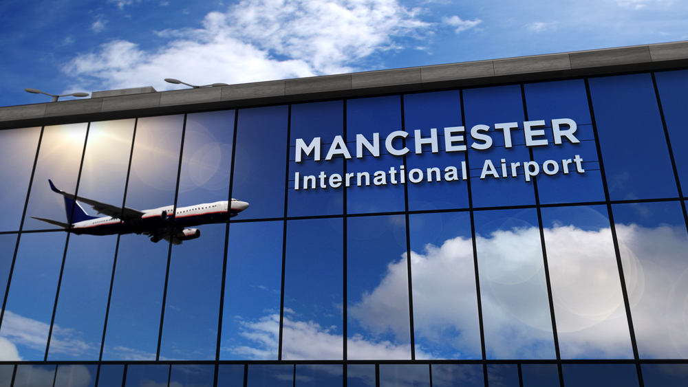Jet,Aircraft,Landing,At,Manchester,,England,,Gb,3d,Rendering,Illustration.