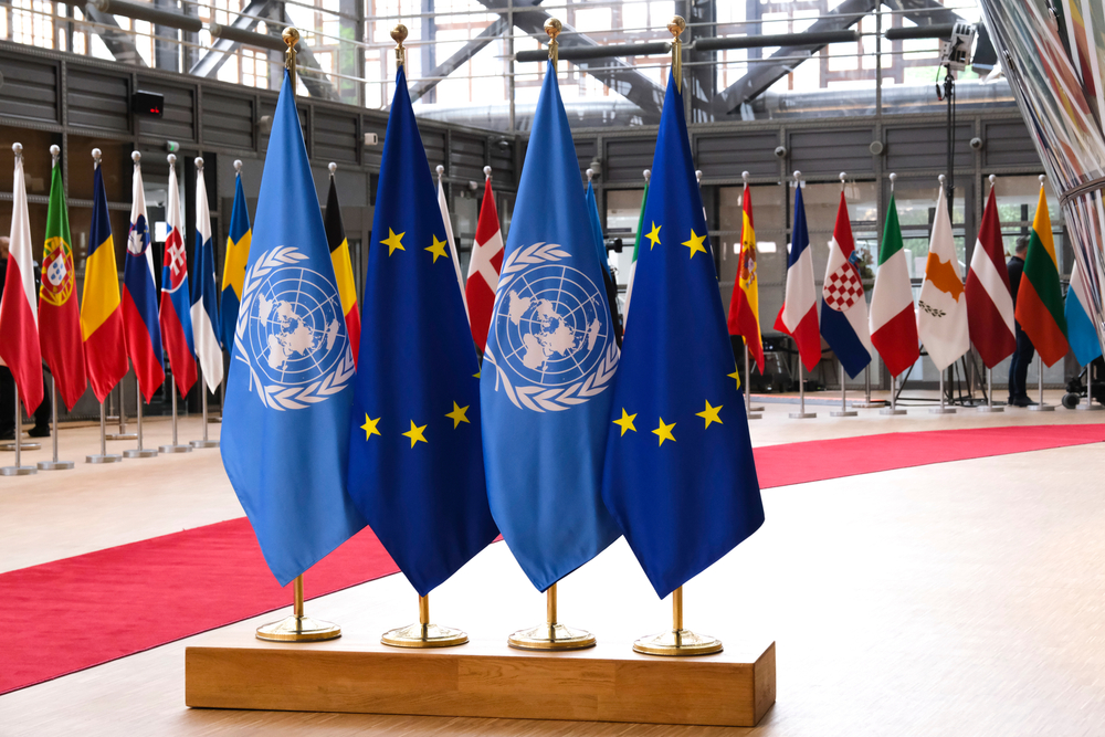 Brussels,,Belgium,,24,May,2021.flags,Of,Un,And,Eu,Stand