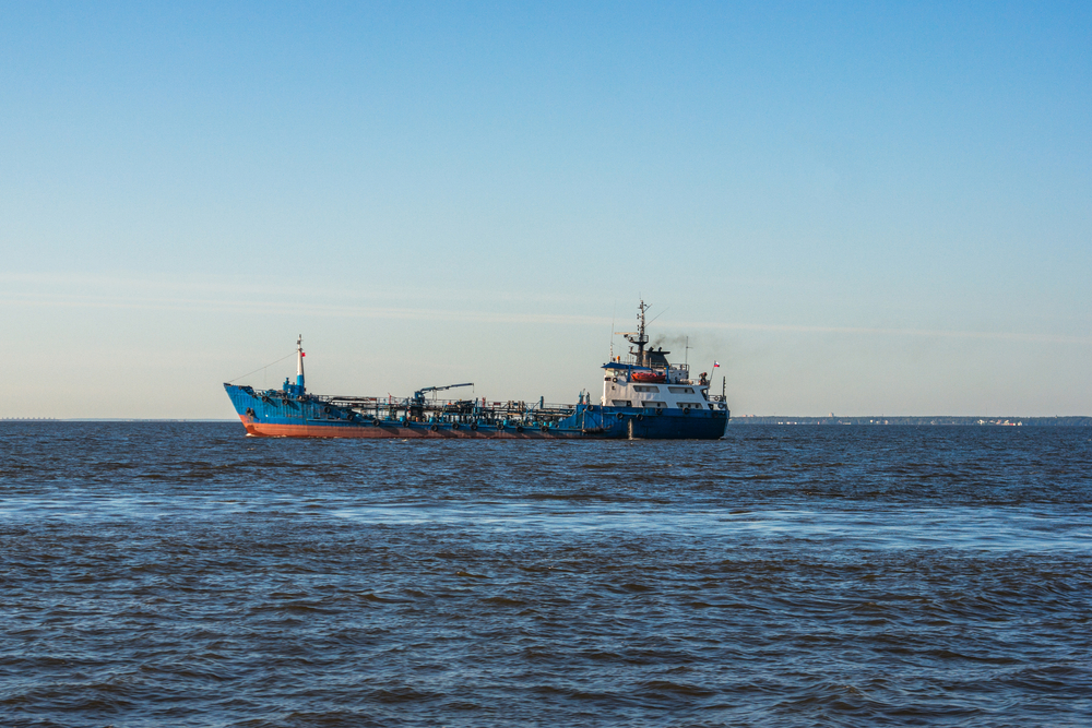 Tanker,Ship,Floats,On,Neva,Bay,,Finland,Gulf.