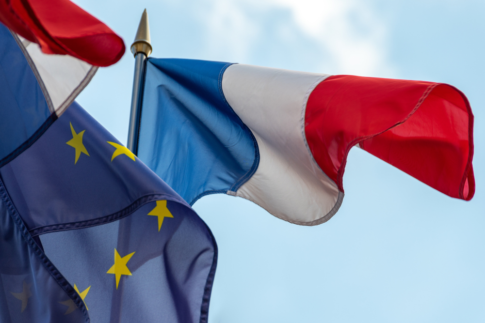 French,And,European,Union,Flags,Fluttering,Together,In,The,Wind.